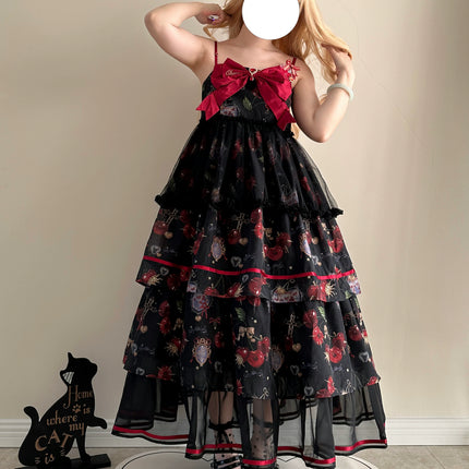 S-2XL Cherry Blossom Delight Lolita Dress – Sweet Vintage Print JSK/OP in Black, Red, Gray & White