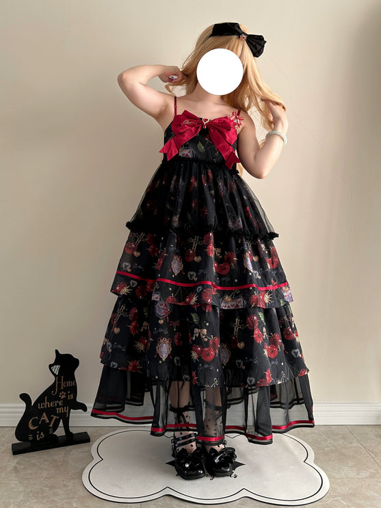 S-2XL Cherry Blossom Delight Lolita Dress – Sweet Vintage Print JSK/OP in Black, Red, Gray & White