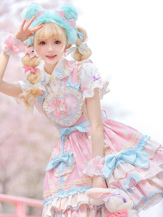 Icing Sweetheart JSK Pastel Tiered Lolita Dress with Lace Trimmings And Big Bow