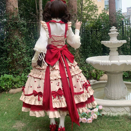 Cherry Orchard Vintage Lolita Dress - Tiered JSK with Apron and Bow Accents