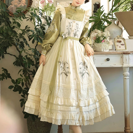 Vintage - style Green and White Layered Lolita Dress with Floral Embroidery