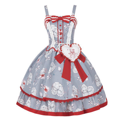 Tea Time Teddy Lolita JSK – Sweet Blue-Gray Dress with Red Lace-Up Corset and Tea Set Print