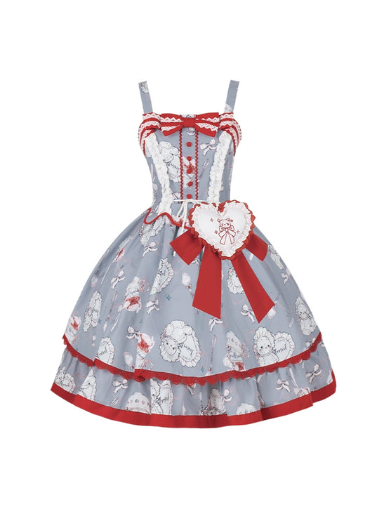 Tea Time Teddy Lolita JSK – Sweet Blue-Gray Dress with Red Lace-Up Corset and Tea Set Print