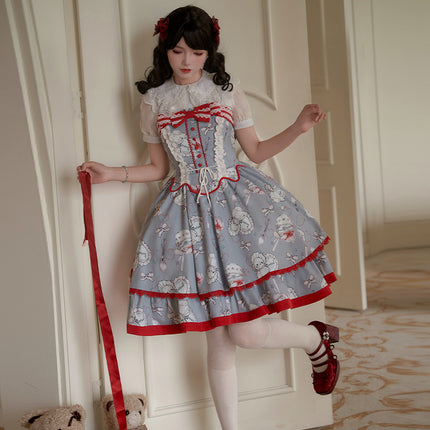 Tea Time Teddy Lolita JSK – Sweet Blue-Gray Dress with Red Lace-Up Corset and Tea Set Print