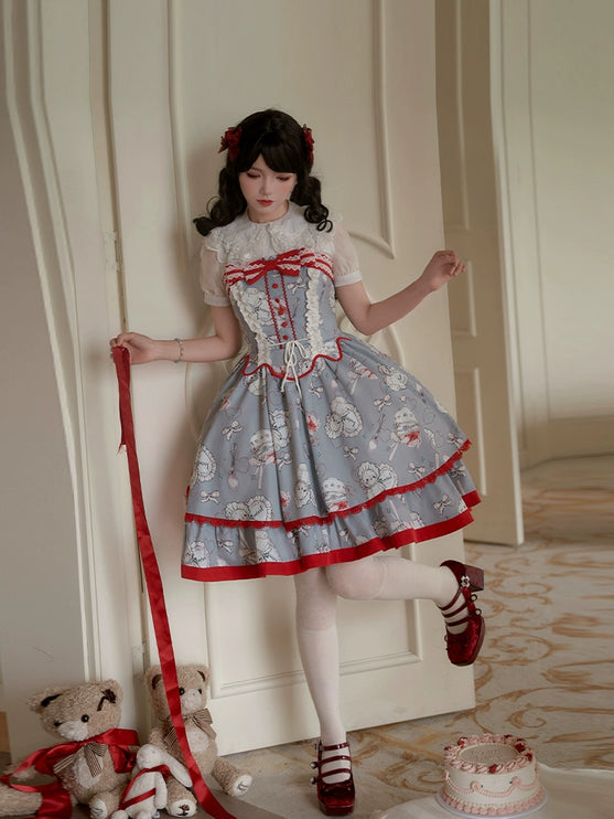 Tea Time Teddy Lolita JSK – Sweet Blue-Gray Dress with Red Lace-Up Corset and Tea Set Print