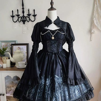 [Silent Night Church] Dark Gothic Elegance Lolita Dress with Lace and Pearl Accents