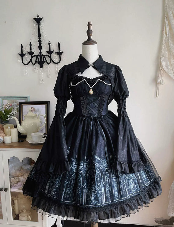 [Silent Night Church] Dark Gothic Elegance Lolita Dress with Lace and Pearl Accents