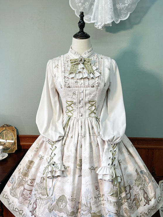 Whimsical Floral Lolita Dress – Tiered Skirt with Detachable Bows & Crisscross Ribbon Details