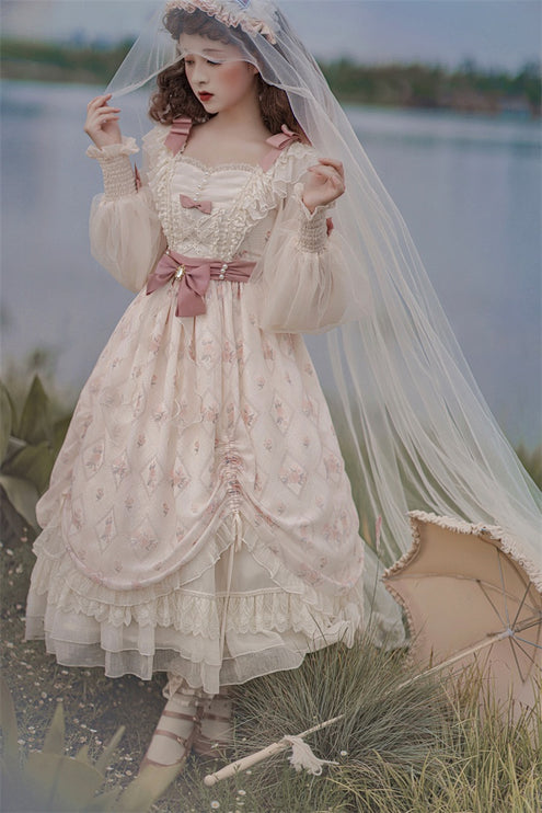 Elegant Cream Lolita Dress with Floral Embroidery and Ruffled Skirt