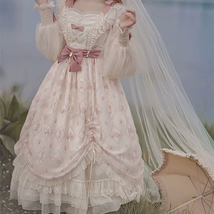 Elegant Cream Lolita Dress with Floral Embroidery and Ruffled Skirt - Perfect for Tea Parties and Special Occasions