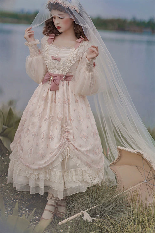 Elegant Cream Lolita Dress with Floral Embroidery and Ruffled Skirt - Perfect for Tea Parties and Special Occasions