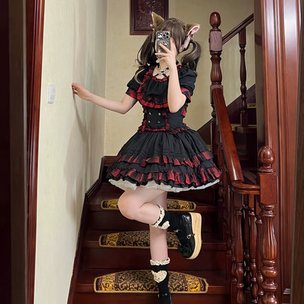 Punk Rock Lolita Two-Piece Skirt Set – Bold Plaid Accents & Lace Trim Gothic Ensemble