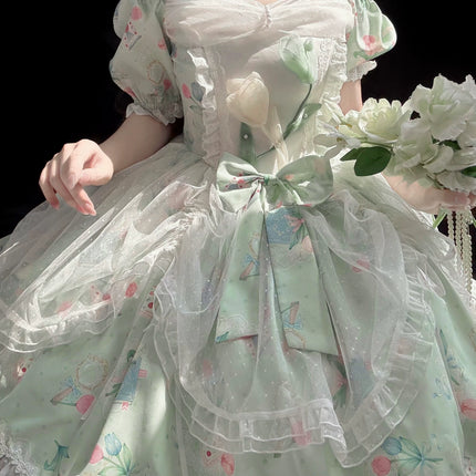 Vintage-Sweet Style Arrives! Mint-Green Print Lolita Dress with Lace Trim – Create a Retro-Sweet Girl Look