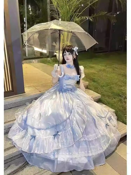 Blue Adult Formal Dress, Big Flower Bridal Lolita Dress