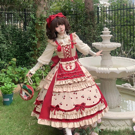 Cherry Orchard Vintage Lolita Dress - Tiered JSK with Apron and Bow Accents