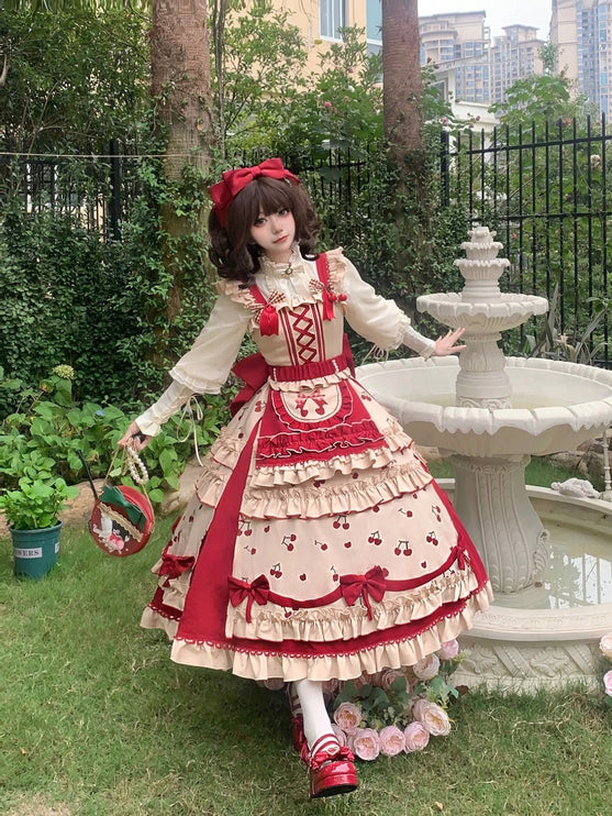 Cherry Orchard Vintage Lolita Dress - Tiered JSK with Apron and Bow Accents