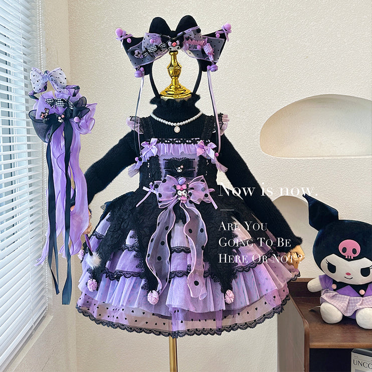 Elegant Black and Purple Lolita Dress for Girls - Intricate Lace and Ruffled Skirt