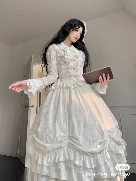 Ivory Velvet Duchess Lolita Set - Elegant Long-Sleeve Top and Layered Skirt Ensemble