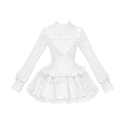 Gothic Lolita Dress with White Lace Collar, Long Sleeves and Lace - up Details