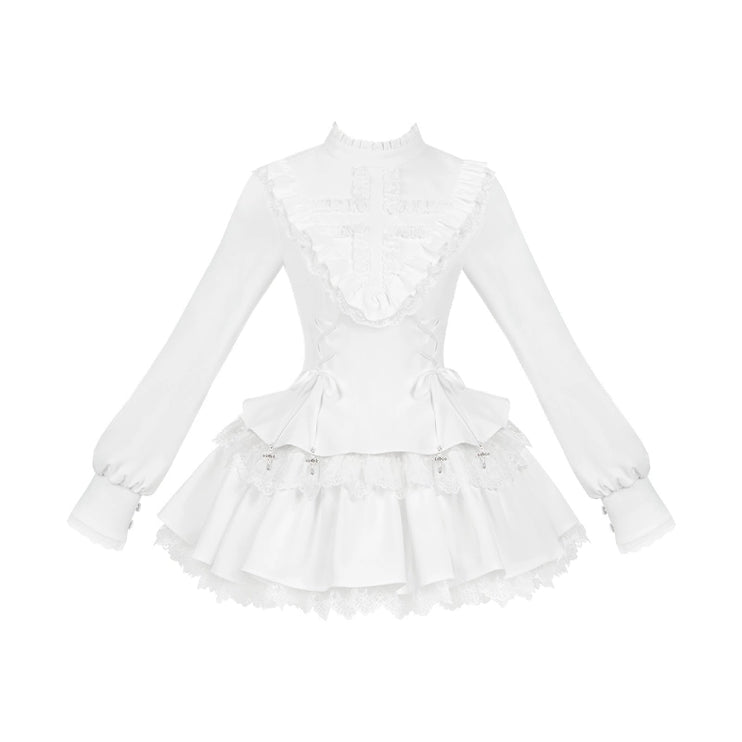 Gothic Lolita Dress with White Lace Collar, Long Sleeves and Lace - up Details