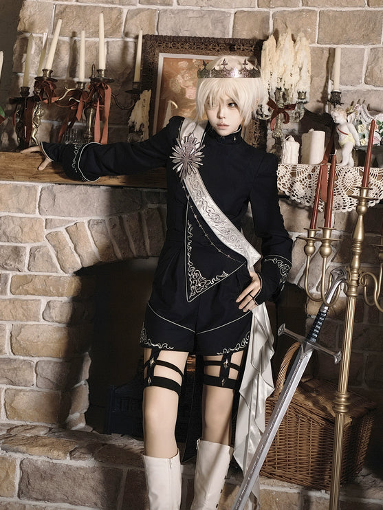Vintage Dark Gothic Prince-style Suit with Suspenders and Shorts — Dashing and Handsome