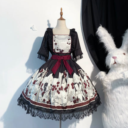 Dark Wonderland Asylum Lolita Dress - Gothic OP with Velvet Ribbon and Eerie Storybook Print