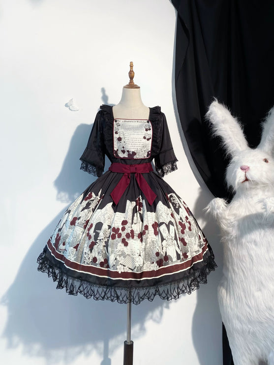 Dark Wonderland Asylum Lolita Dress - Gothic OP with Velvet Ribbon and Eerie Storybook Print