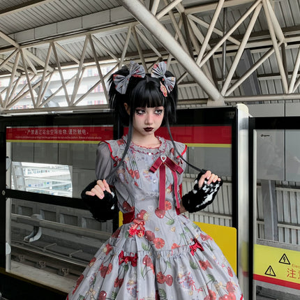 S-2XL Cherry Blossom Delight Lolita Dress – Sweet Vintage Print JSK/OP in Black, Red, Gray & White