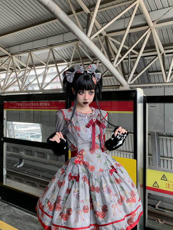 S-2XL Cherry Blossom Delight Lolita Dress – Sweet Vintage Print JSK/OP in Black, Red, Gray & White