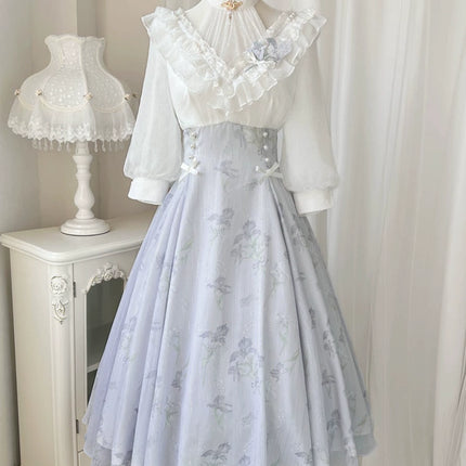 Lolita Fairy Dress! Lace Puff Sleeves + Light Blue Floral Maxi Skirt, Spring Garden Date Outfit