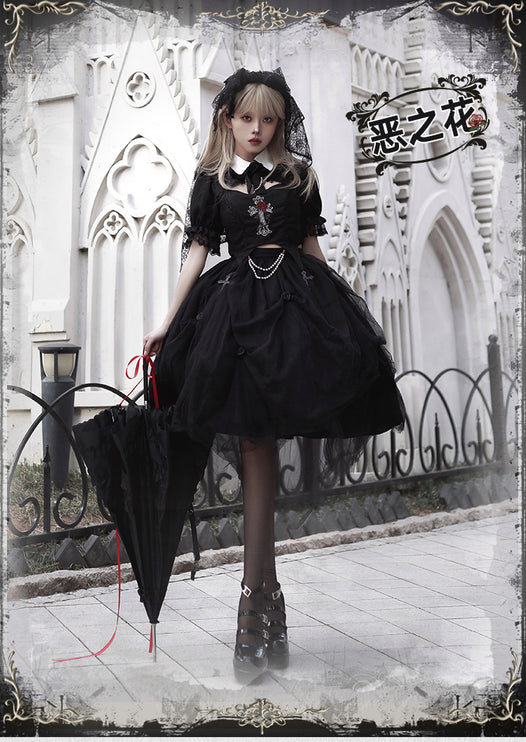Midnight Rose Gothic Lolita Set - Embroidered Cutout Blouse with Cross and Pearl Accents