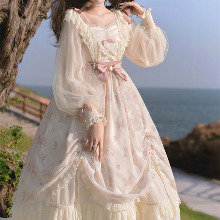 Elegant Cream Lolita Dress with Floral Embroidery and Ruffled Skirt