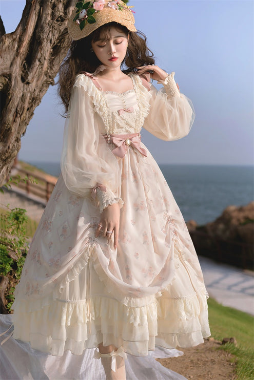 Elegant Cream Lolita Dress with Floral Embroidery and Ruffled Skirt