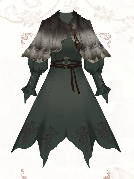 Fantasy - Style Capelet Dress with Embroidered Hem and Buckled Waist Belt