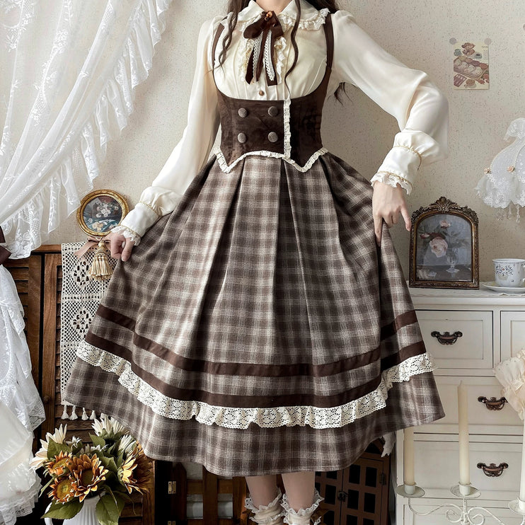 Vintage - style Plaid Suspender Skirt with Lace Trims and Button - up Bodice