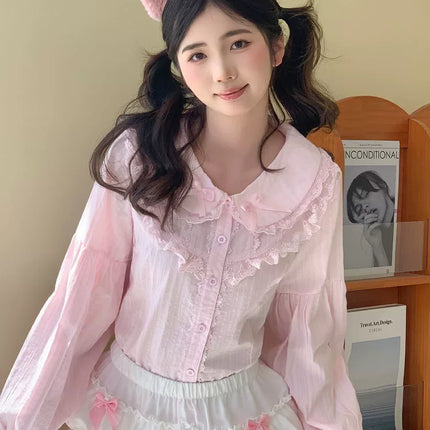 Lace - adorned Long - sleeved Blouse with Fluffy Cuffs, Exuding Delicate Femininity