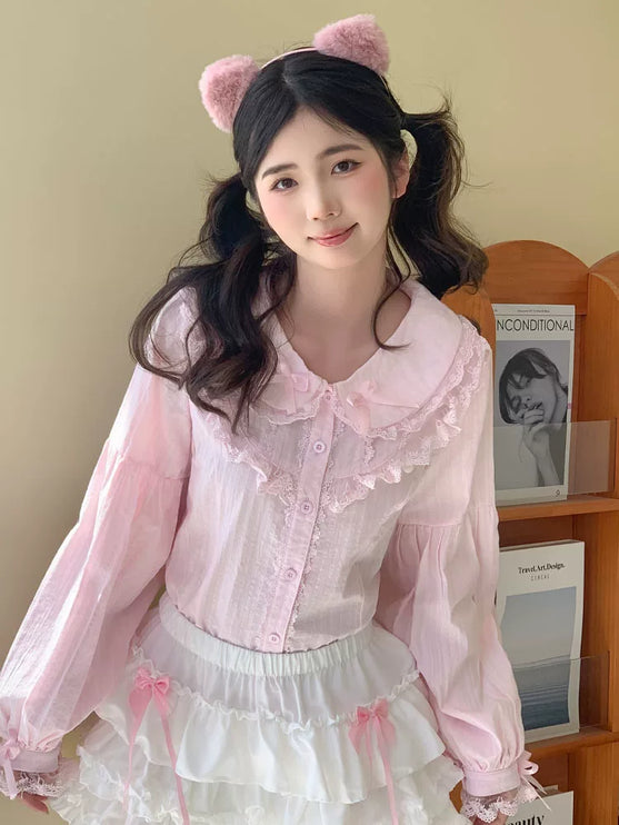 Lace - adorned Long - sleeved Blouse with Fluffy Cuffs, Exuding Delicate Femininity