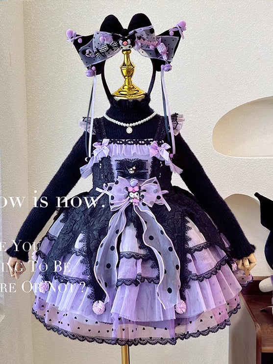 Elegant Black and Purple Lolita Dress for Girls - Intricate Lace and Ruffled Skirt