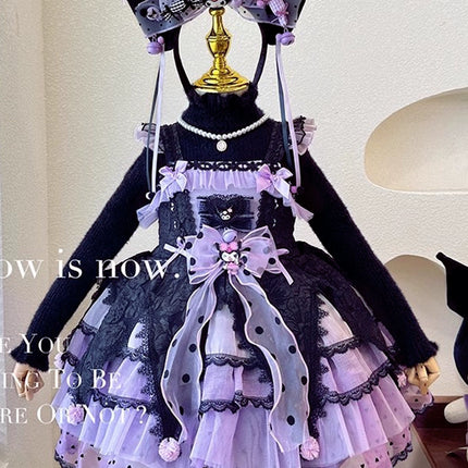 Elegant Black and Purple Lolita Dress for Girls - Intricate Lace and Ruffled Skirt - Perfect for Tea Parties and Special Occasions