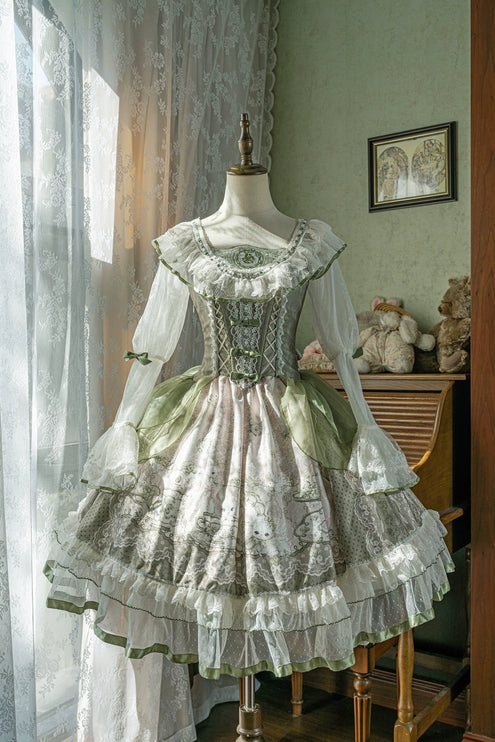 Sweet Lolita Dress - Light Green Layered Tulle Skirt with Lace & Embroidery