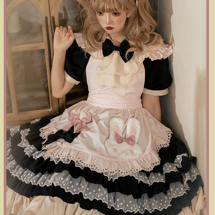 Sweet Pink Lolita Apron with Puff Sleeves OP Maid Lolita Dress