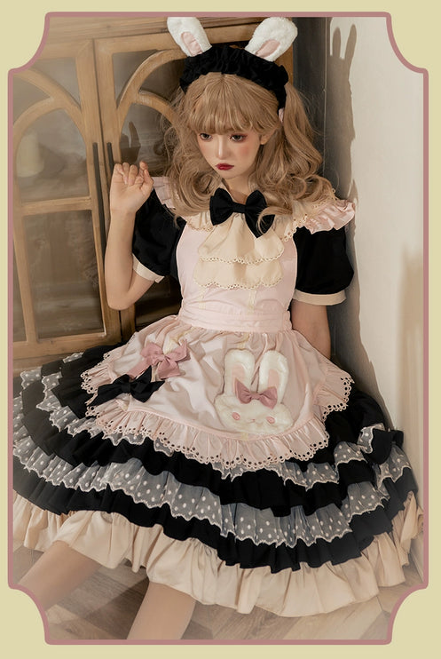 Sweet Pink Lolita Apron with Puff Sleeves OP Maid Lolita Dress