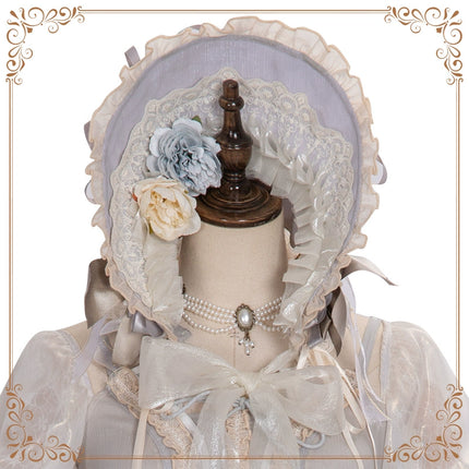 Ethereal Cream Floral Lolita Dress with Puffed Sleeves and Multi-Tiered Skirt
