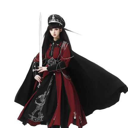 Gothic Military Lolita OP Dress – Black & Red with Silver Embroider
