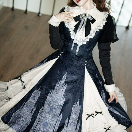 Gothic - inspired Lolita Dress with Cathedral Prints, Lace Trims and Delicate Bow