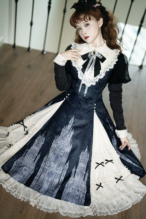 Gothic - inspired Lolita Dress with Cathedral Prints, Lace Trims and Delicate Bow