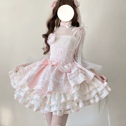 Whimsical Pastel Lolita Dress with Embroidered Animal Motifs and Ruffled Skirt