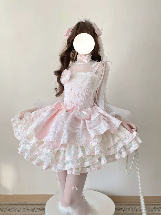 Whimsical Pastel Lolita Dress with Embroidered Animal Motifs and Ruffled Skirt