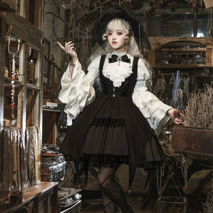 Gothic Sorceress Lolita Set - Witch-Inspired Suspender Dress with Ruffled Blouse and Enchanted Hat