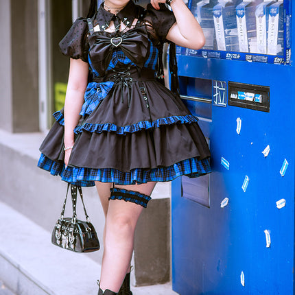 Gothic Blue Plaid Lolita JSK with Heart-Shape Neckline and Ruffled Trims
